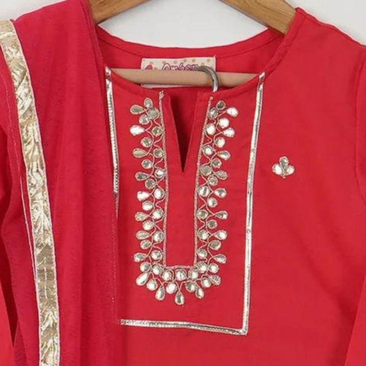 CORAL RED HAND EMBROIDERED KURTI WITH RED FLORAL SALWAR AND DUPATTA (SET OF 3)