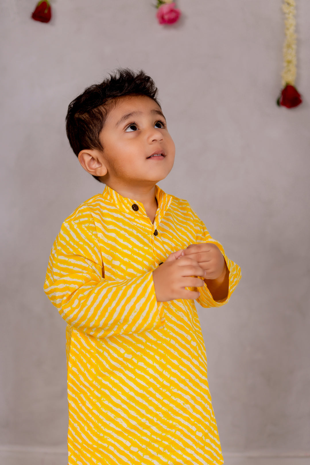 BOYS YELLOW LEHERIYA KURTA WITH PAJAMA (SET OF 2)
