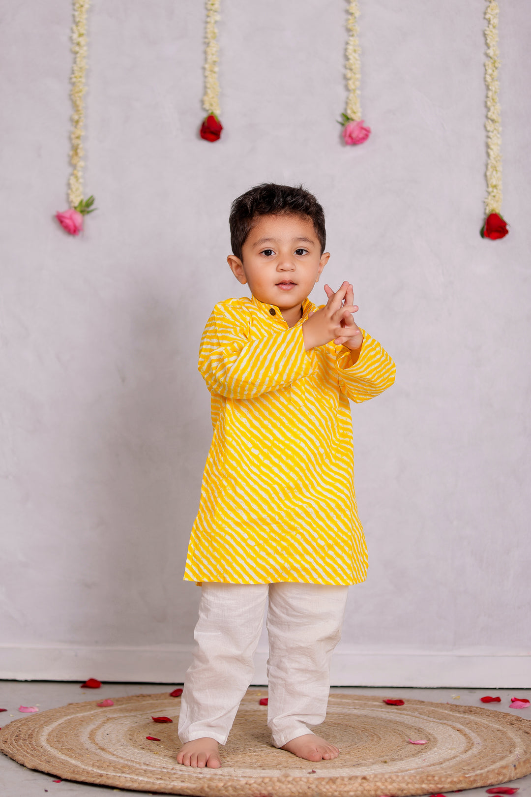 BOYS YELLOW LEHERIYA KURTA WITH PAJAMA (SET OF 2)