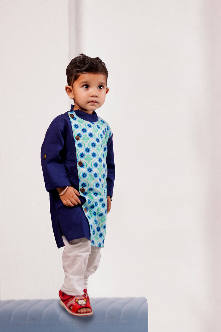 BOYS BLUE FLORAL SIDE BUTTON KURTA WITH PAJAMA (SET OF 2)