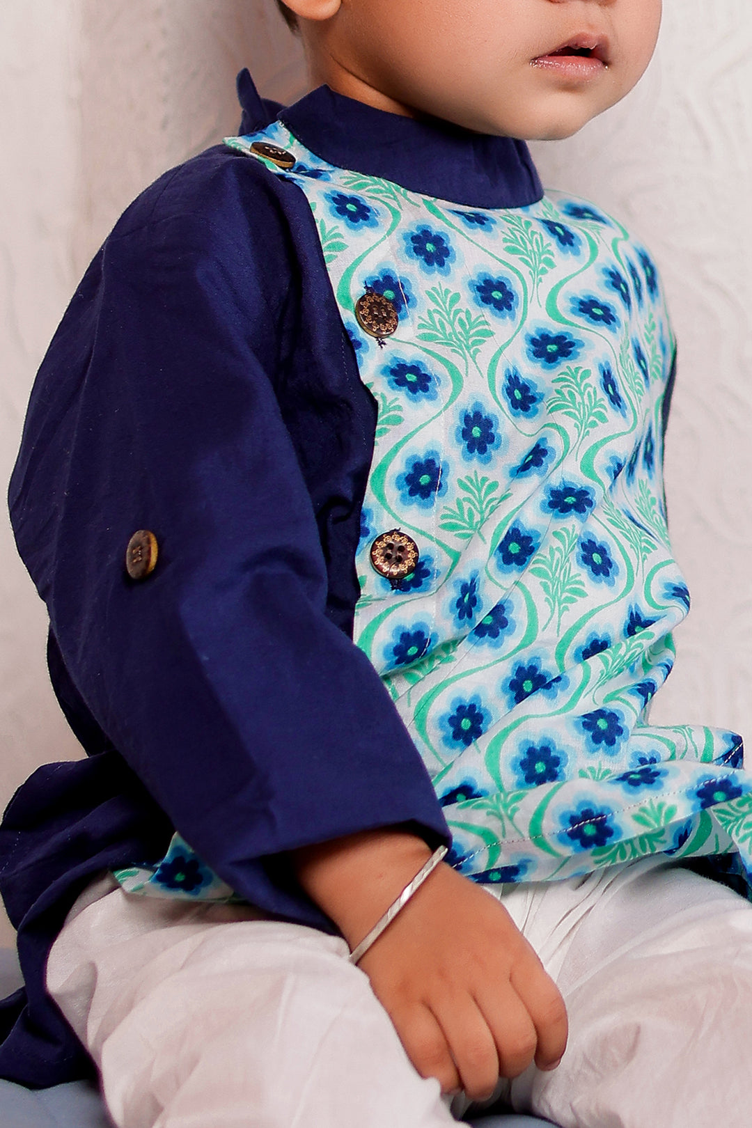 BOYS BLUE FLORAL SIDE BUTTON KURTA WITH PAJAMA (SET OF 2)