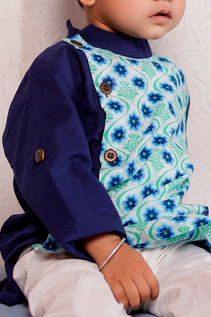 BOYS BLUE FLORAL SIDE BUTTON KURTA WITH PAJAMA (SET OF 2)