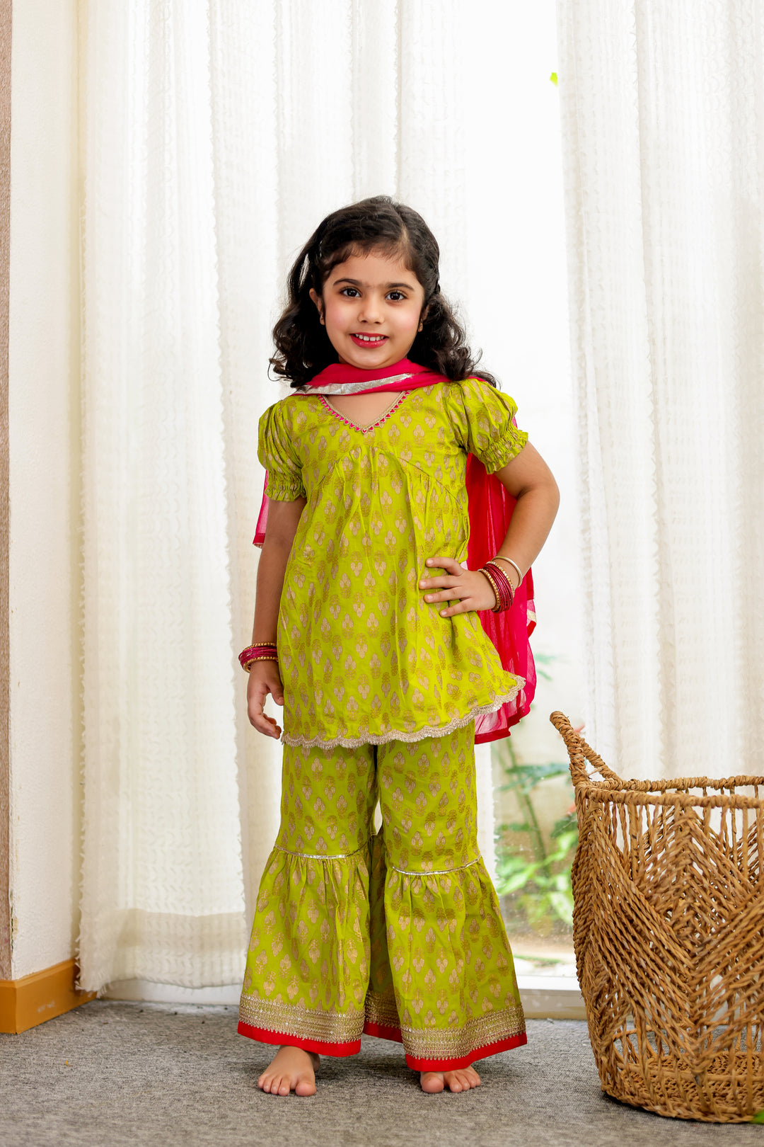 GIRLS GREEN SHORT KURTI WITH GREEN SHARARA AND DUPATTA (SET OF 3)
