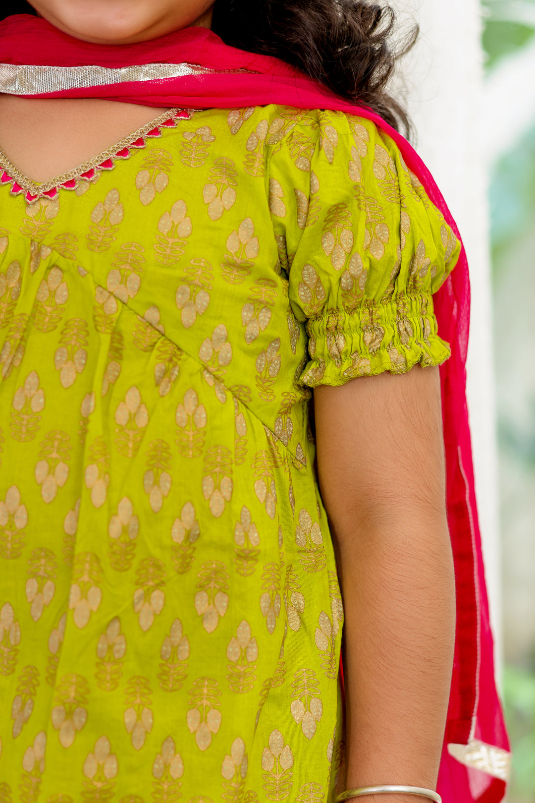 GIRLS GREEN SHORT KURTI WITH GREEN SHARARA AND DUPATTA (SET OF 3)