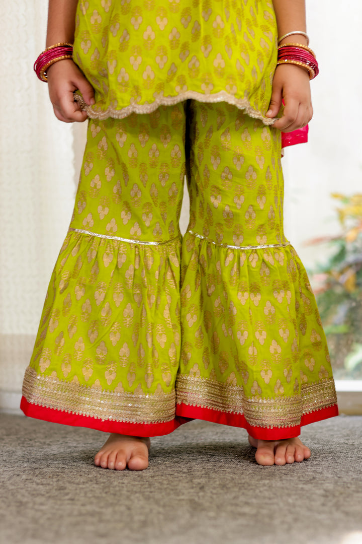 GIRLS GREEN SHORT KURTI WITH GREEN SHARARA AND DUPATTA (SET OF 3)