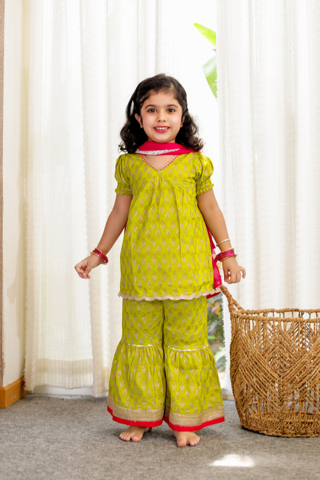 GIRLS GREEN SHORT KURTI WITH GREEN SHARARA AND DUPATTA (SET OF 3)