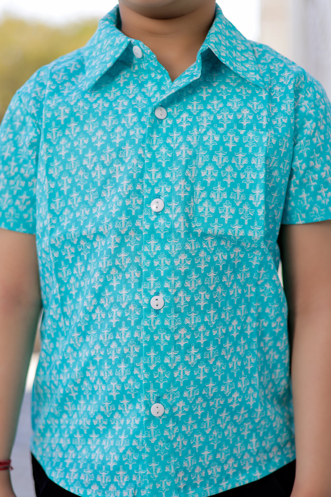 Boys Sky Blue Printed Half Sleeve Shirt