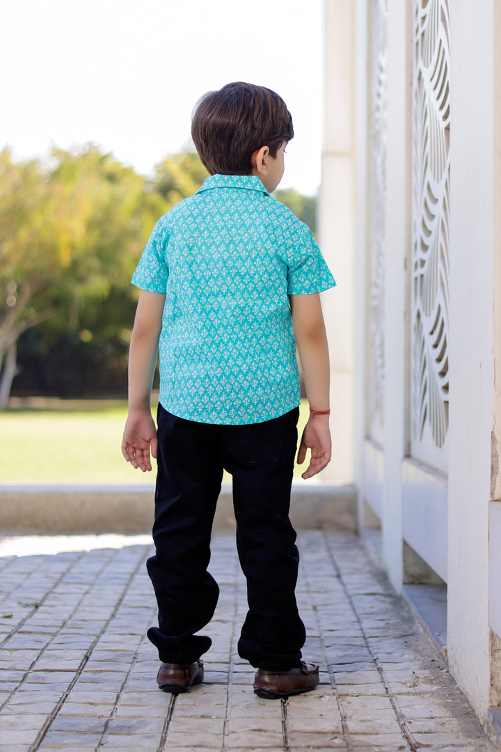 Boys Sky Blue Printed Half Sleeve Shirt