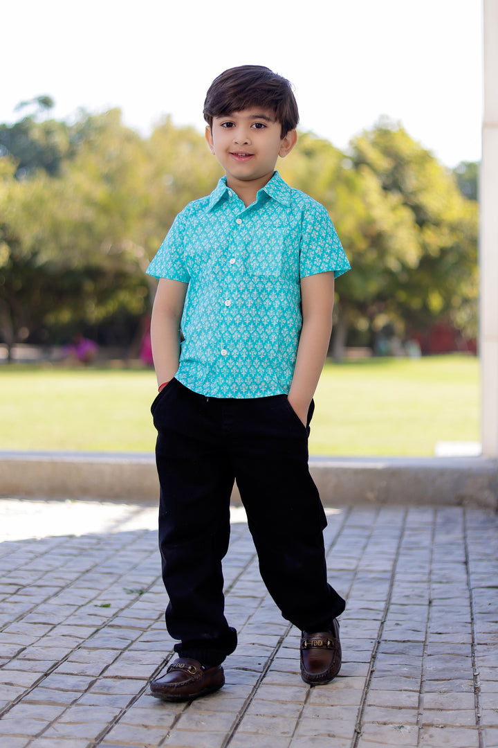 Boys Sky Blue Printed Half Sleeve Shirt