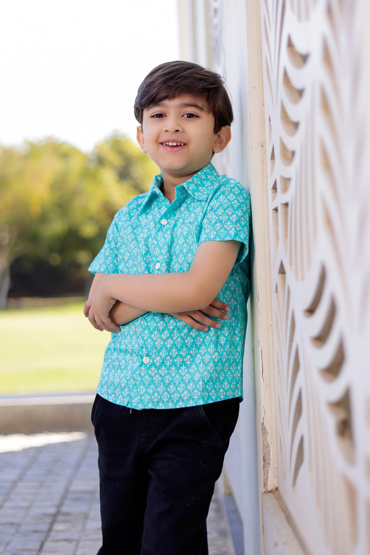 Boys Sky Blue Printed Half Sleeve Shirt