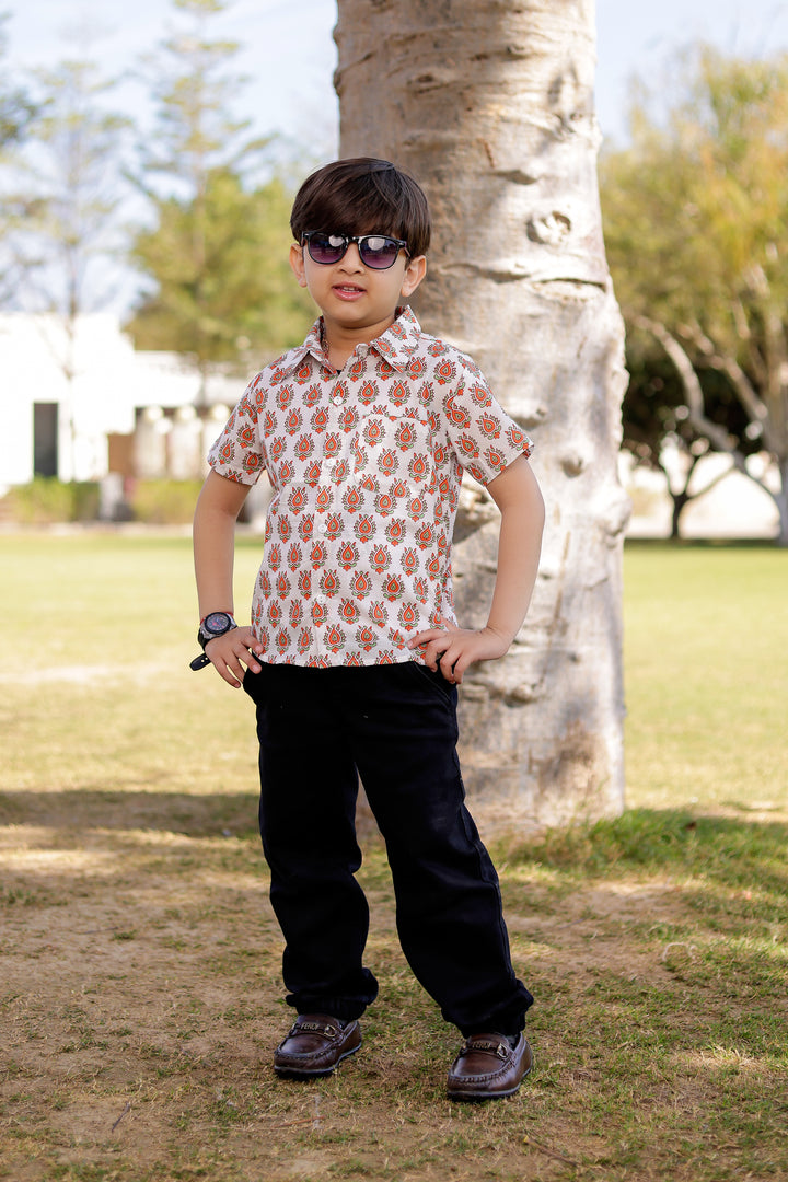 Boys Orange Buti Half Sleeve Shirt
