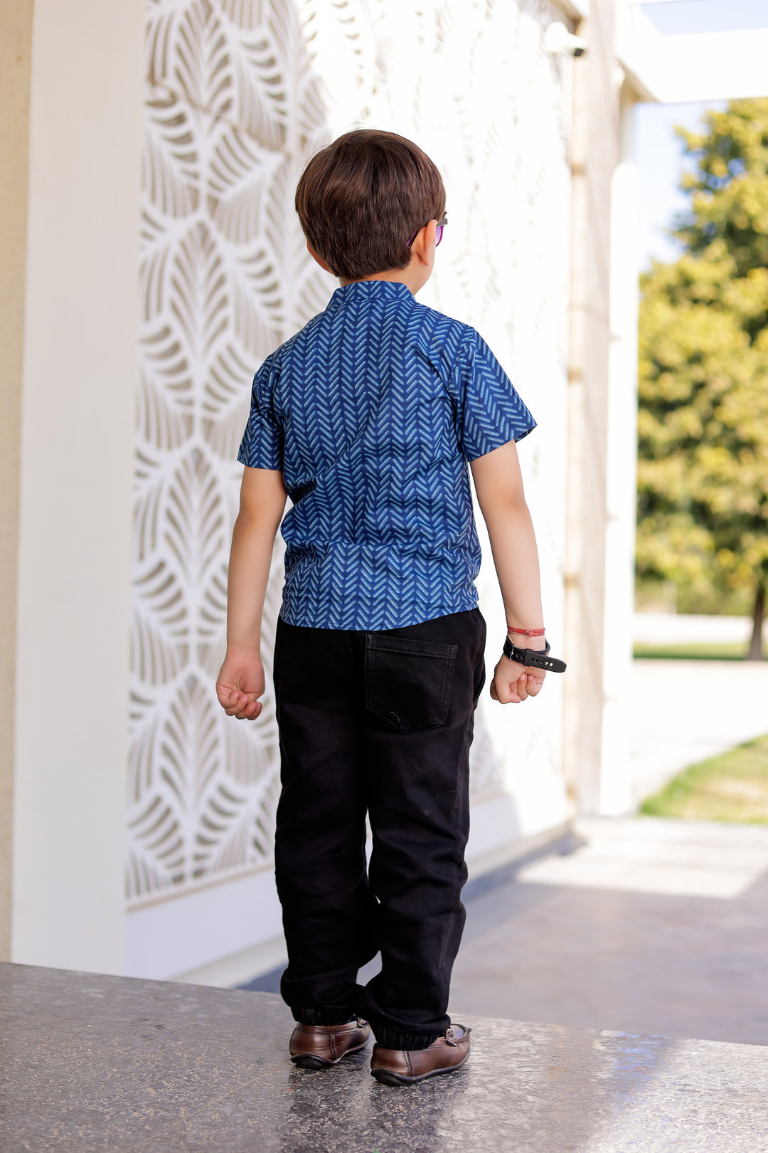 Boys Indigo Geometric Half Sleeve Shirt
