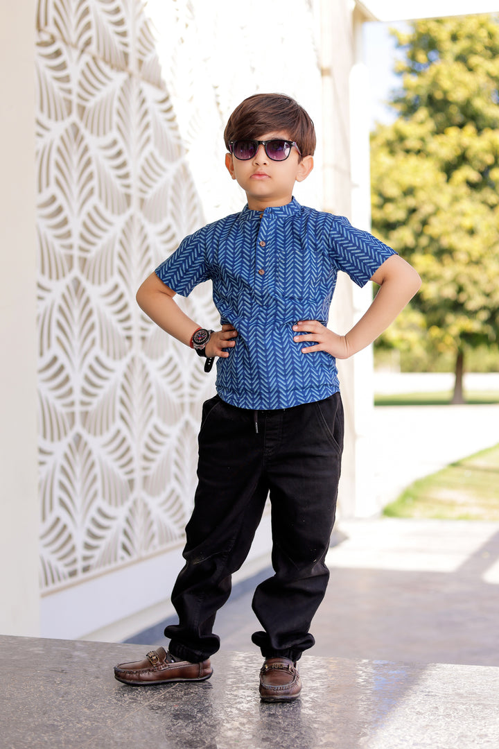 Boys Indigo Geometric Half Sleeve Shirt