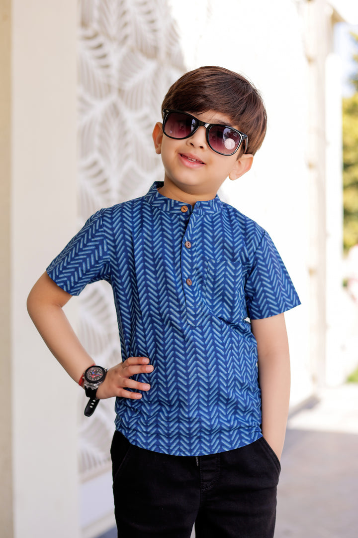 Boys Indigo Geometric Half Sleeve Shirt