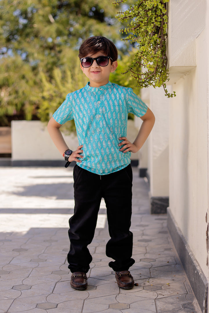 Boys Paisley Blue Half Sleeve Shirt