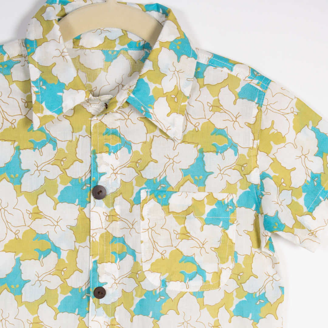 BOYS  GREEN WHITE FLORAL SHIRT WITH SHORTS CO-ORD SET