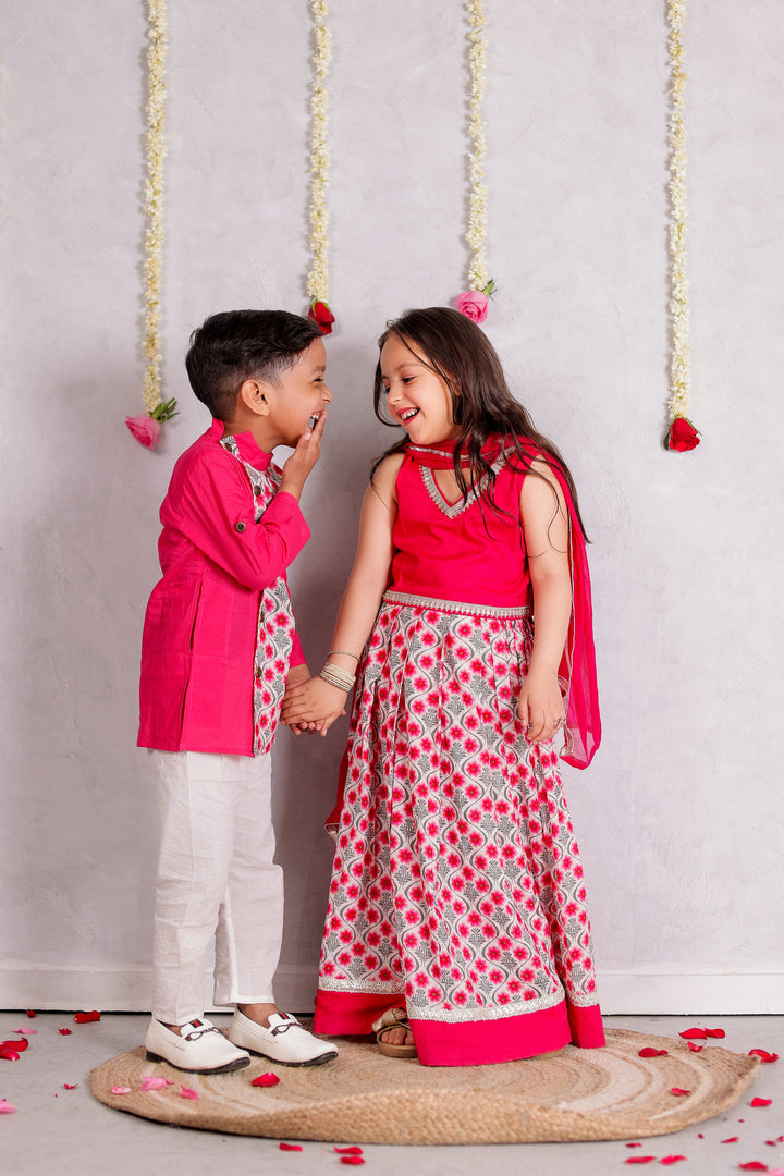 BOYS PINK FLORAL SIDE BUTTON KURTA WITH PAJAMA (SET OF 2) + GIRLS PINK FLORAL LEHENGA WITH FUCHSIA TOP AND DUPATTA (SET OF 3)