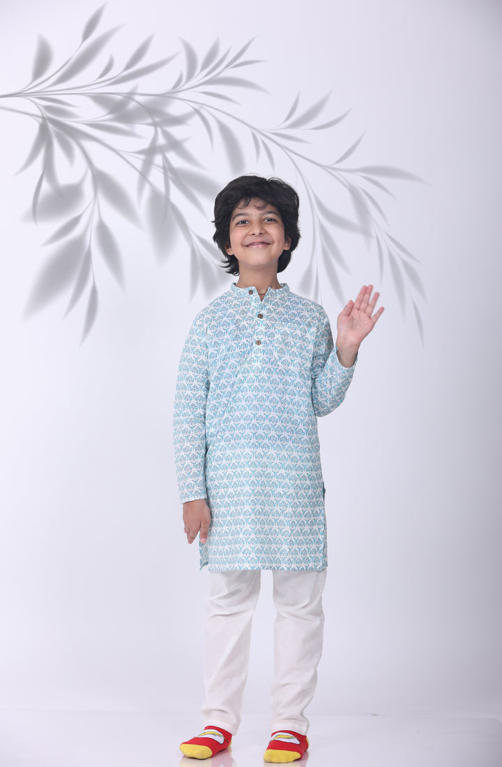 SUMMERY BLUE BUTI KURTA WITH PAJAMA (SET OF 2) - Amber Jaipur - Designer Clothes Online India