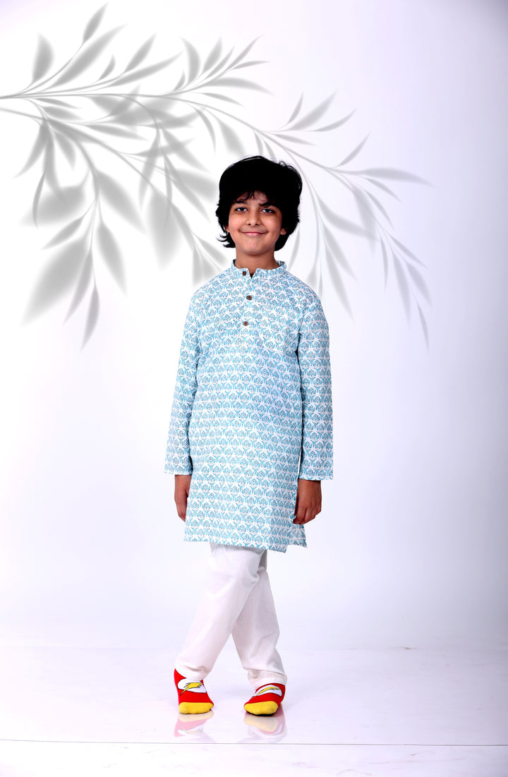 SUMMERY BLUE BUTI KURTA WITH PAJAMA (SET OF 2) - Amber Jaipur - Designer Clothes Online India
