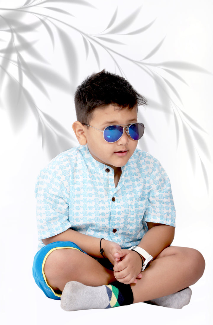 Boys Sky Blue Elephant Chinese Collared Shirt - Amber Jaipur - Designer Clothes Online India
