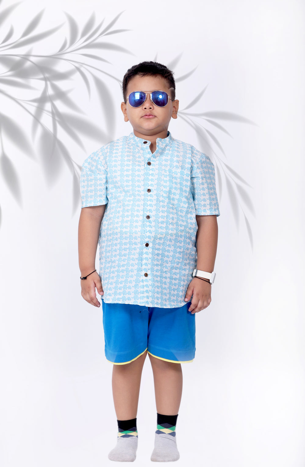 Boys Sky Blue Elephant Chinese Collared Shirt - Amber Jaipur - Designer Clothes Online India