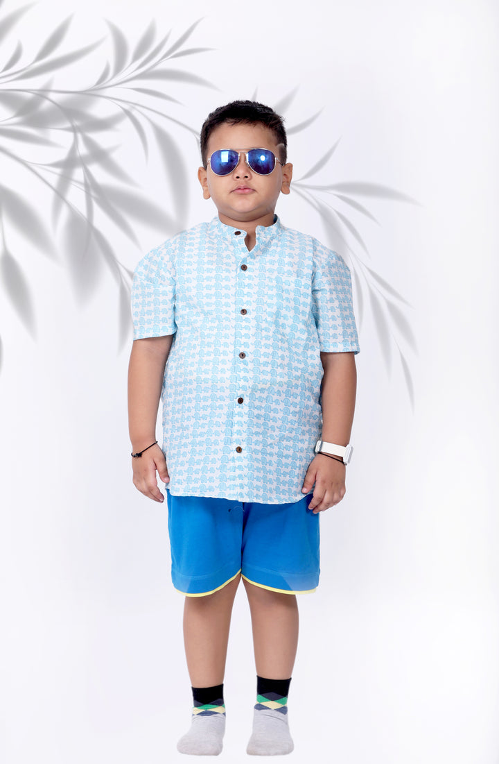 Boys Sky Blue Elephant Chinese Collared Shirt - Amber Jaipur - Designer Clothes Online India