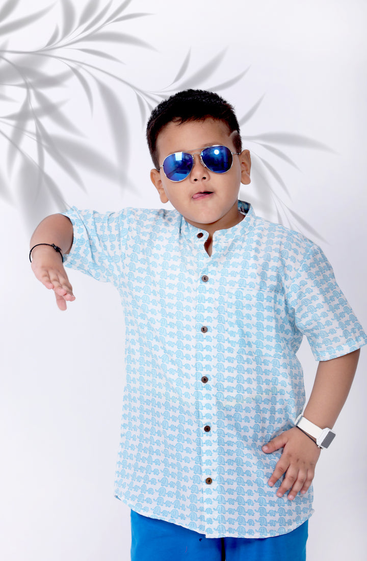Boys Sky Blue Elephant Chinese Collared Shirt - Amber Jaipur - Designer Clothes Online India