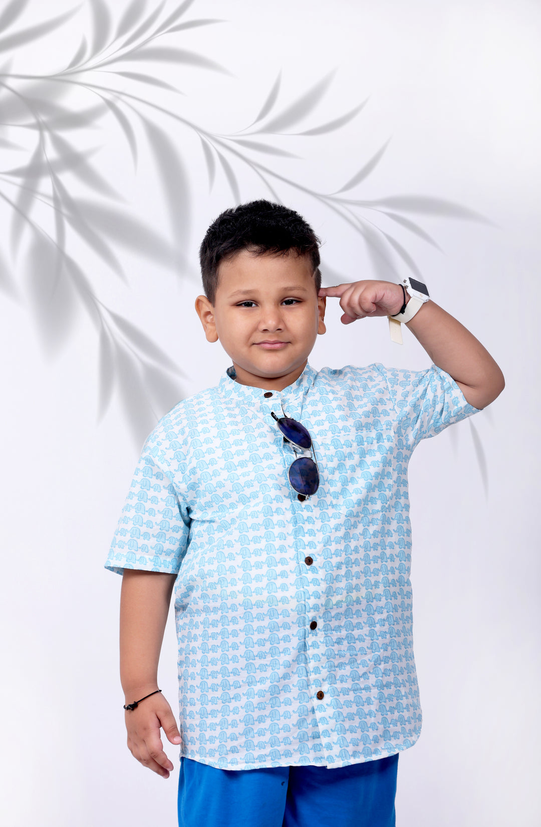 Boys Sky Blue Elephant Chinese Collared Shirt - Amber Jaipur - Designer Clothes Online India