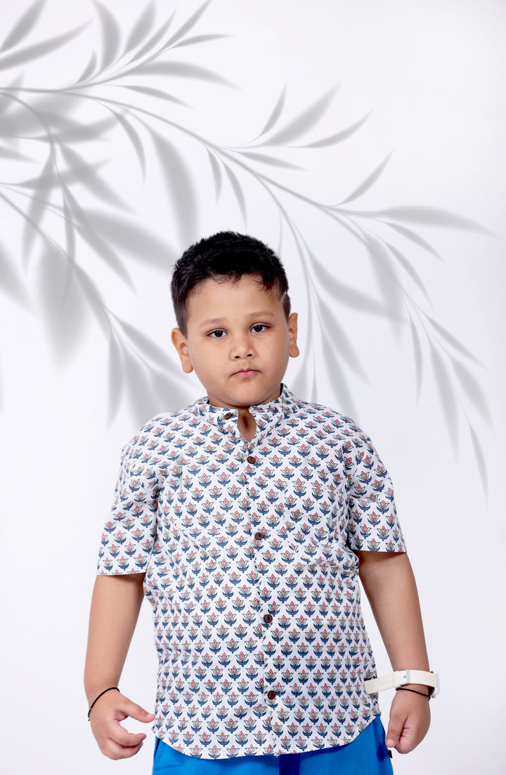 Boys Classic Buti Chinese Collared Shirt - Amber Jaipur - Designer Clothes Online India