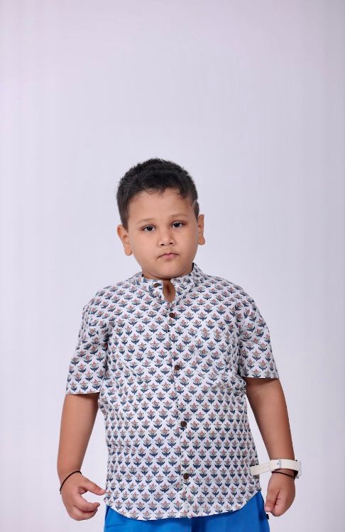 Boys Classic Buti Chinese Collared Shirt - Amber Jaipur - Designer Clothes Online India