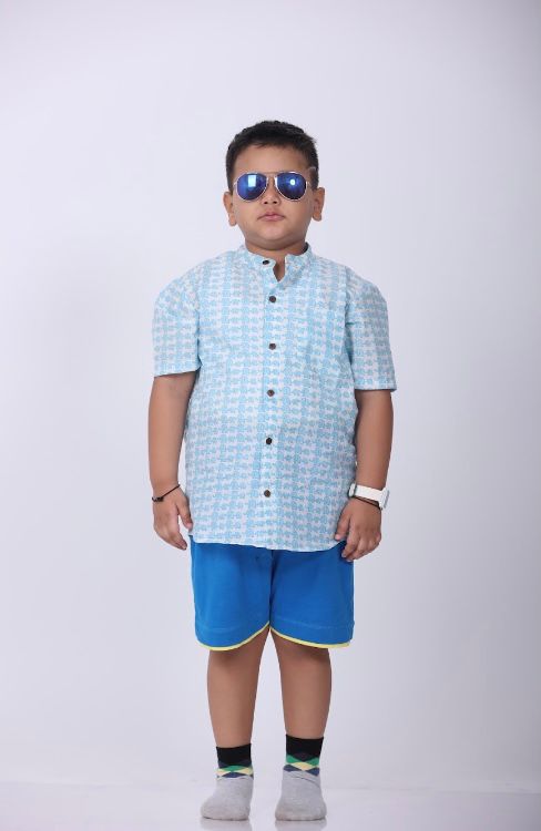 Boys Sky Blue Elephant Chinese Collared Shirt - Amber Jaipur - Designer Clothes Online India