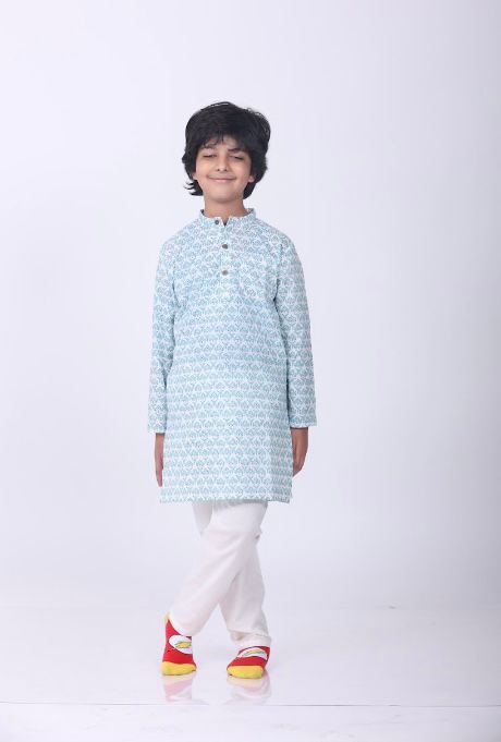 SUMMERY BLUE BUTI KURTA WITH PAJAMA (SET OF 2) - Amber Jaipur - Designer Clothes Online India