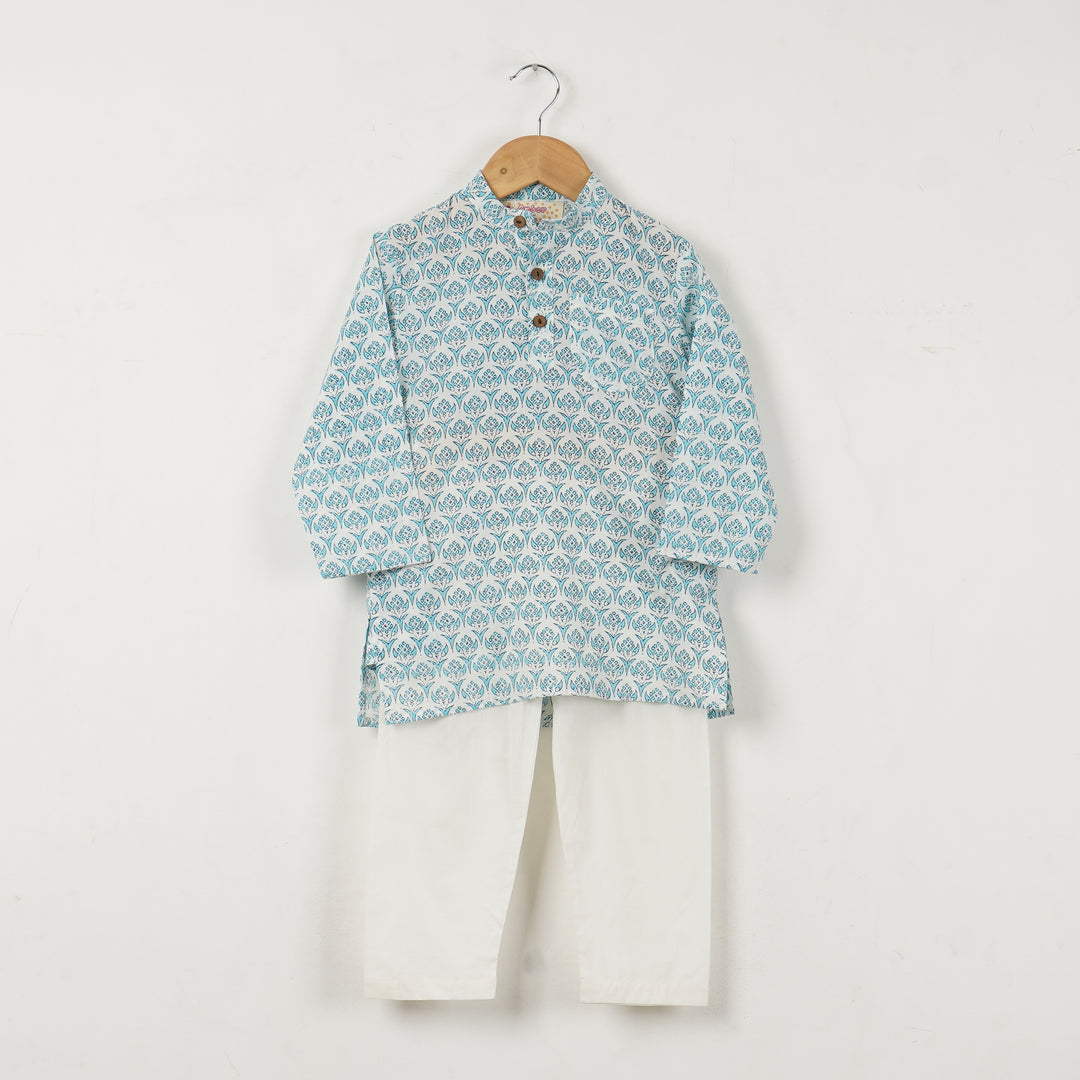 SUMMERY BLUE BUTI KURTA WITH PAJAMA (SET OF 2) - Amber Jaipur - Designer Clothes Online India