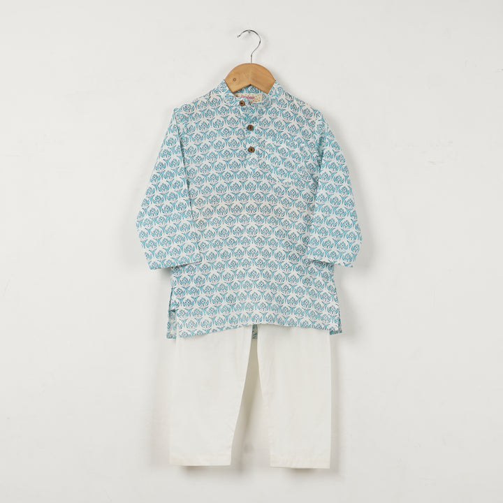 SUMMERY BLUE BUTI KURTA WITH PAJAMA (SET OF 2) - Amber Jaipur - Designer Clothes Online India