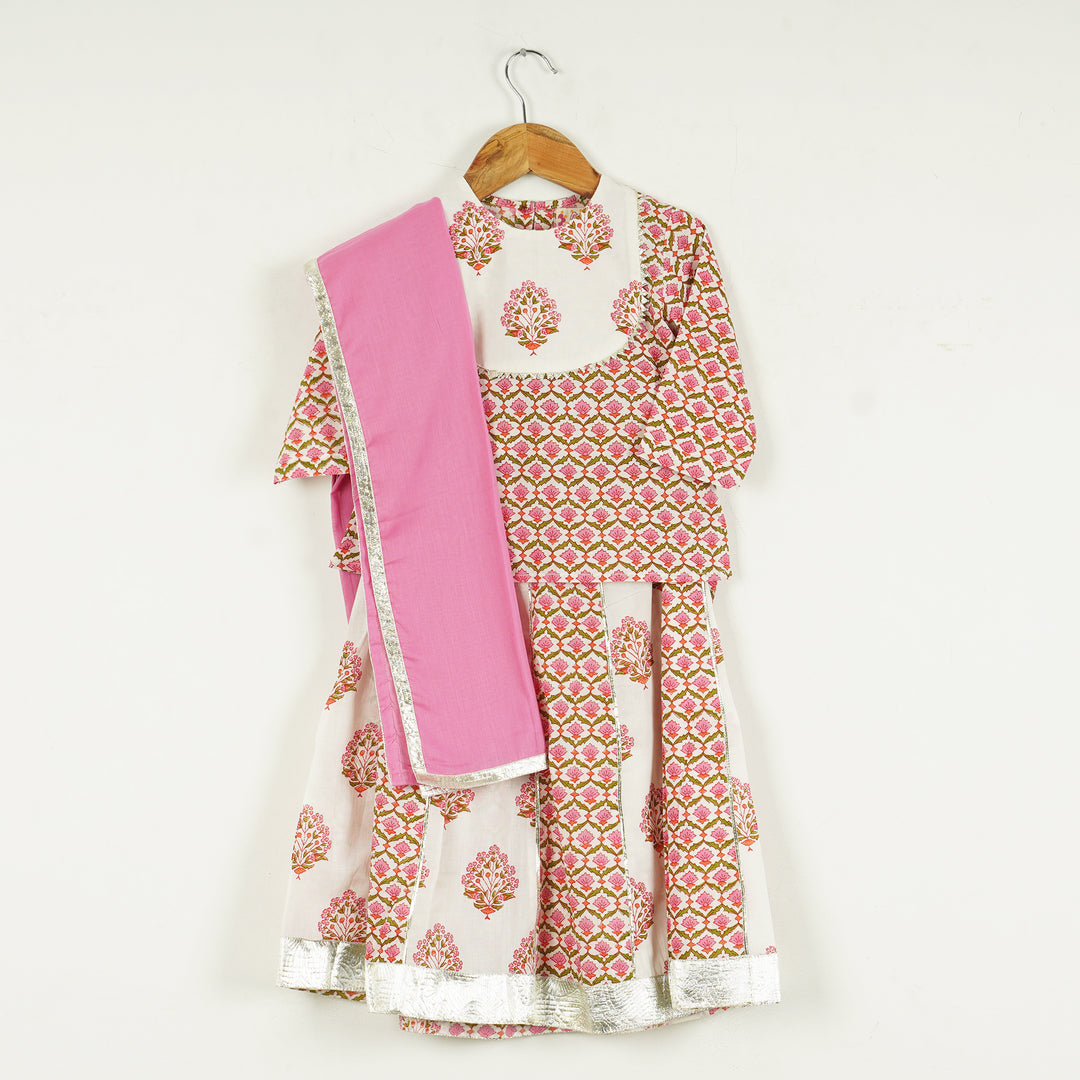 Pink Floral Yoke Kurti with Pink Floral Lehenga and Dupatta - Amber Jaipur - Designer Clothes Online India