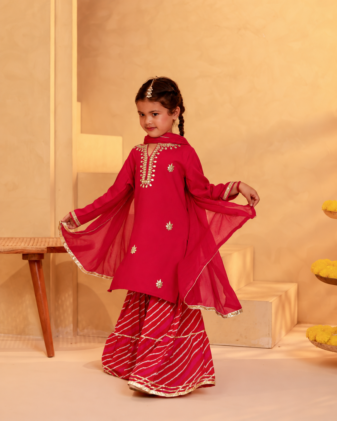 GIRLS FUCHSIA GOTA PATTI WORK KURTI WITH LEHERIYA SHARARA AND DUPATTA (SET OF 3)