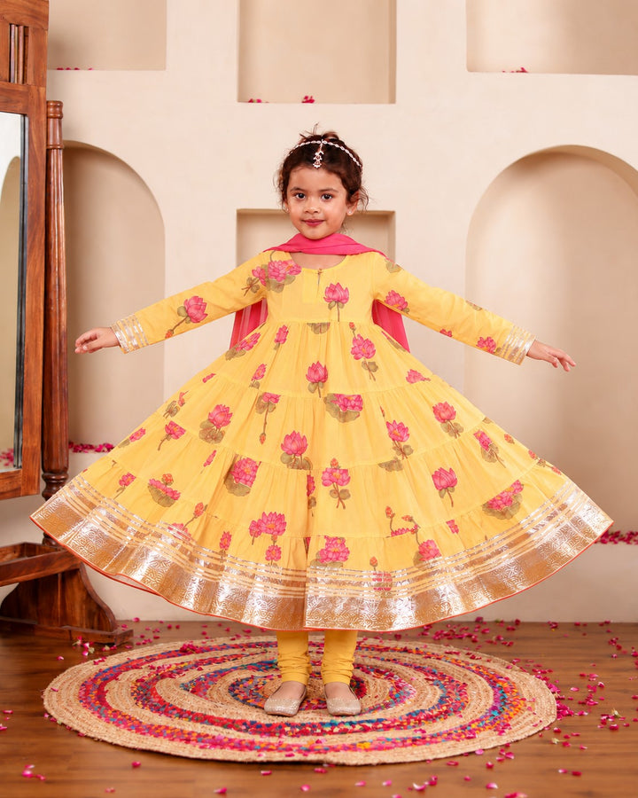 Girls Sunshine Yellow Lotus Bloom Tiered Festive Anarkali Kurti & Pant Set(Set of 3)