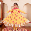Girls Sunshine Yellow Lotus Bloom Tiered Festive Anarkali Kurti & Pant Set(Set of 3)