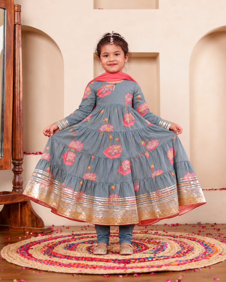 Girls Blue-Grey Lotus Bloom Tiered Festive Anarkali Kurti & Pant Set (Set of 3)