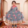 Girls Blue-Grey Lotus Bloom Tiered Festive Anarkali Kurti & Pant Set (Set of 3)