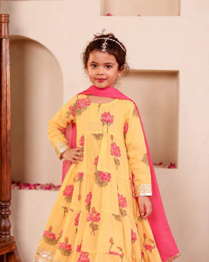 Girls Sunshine Yellow Lotus Bloom Tiered Festive Anarkali Kurti & Pant Set(Set of 3)