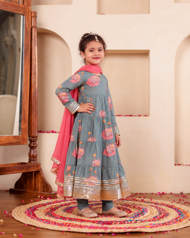 Girls Blue-Grey Lotus Bloom Tiered Festive Anarkali Kurti & Pant Set (Set of 3)