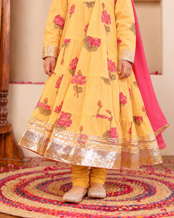 Girls Sunshine Yellow Lotus Bloom Tiered Festive Anarkali Kurti & Pant Set(Set of 3)