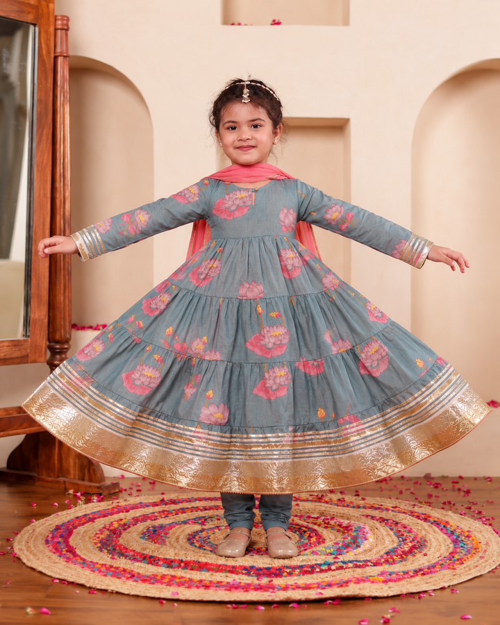 Girls Blue-Grey Lotus Bloom Tiered Festive Anarkali Kurti & Pant Set (Set of 3)