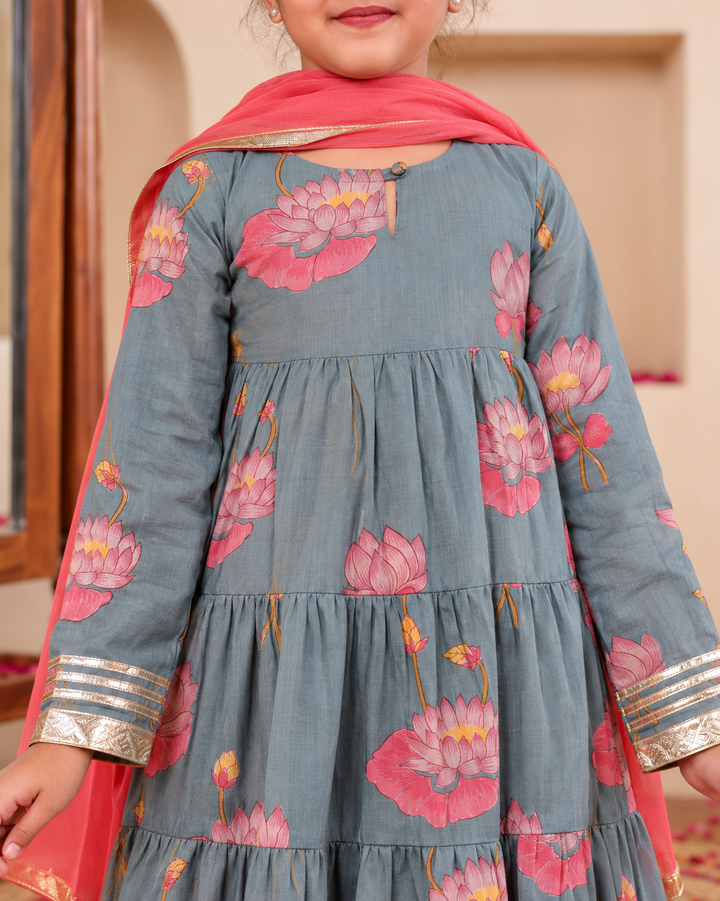 Girls Blue-Grey Lotus Bloom Tiered Festive Anarkali Kurti & Pant Set (Set of 3)
