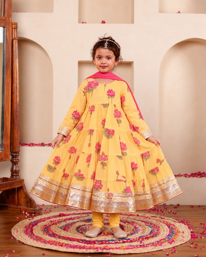 Girls Sunshine Yellow Lotus Bloom Tiered Festive Anarkali Kurti & Pant Set(Set of 3)