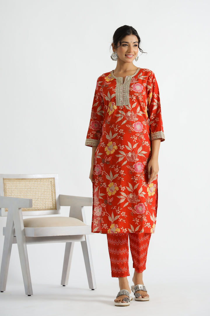 WOMEN RED FLORAL KURTA WITH PANT AND CHANDERI DUPATTA (SET OF 3)