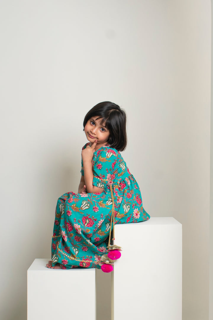 GIRLS BLUE FLORAL ANKLE LENGTH ETHNIC GOTA DRESS WITH POM POM