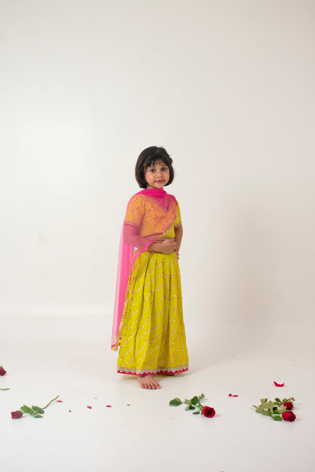 GIRLS GREEN LEHERIYA MUSLIN BACKLESS TOP WITH GREEN LEHERIYA MUSLIN LEHENGA AND DUPATTA (SET OF 3)