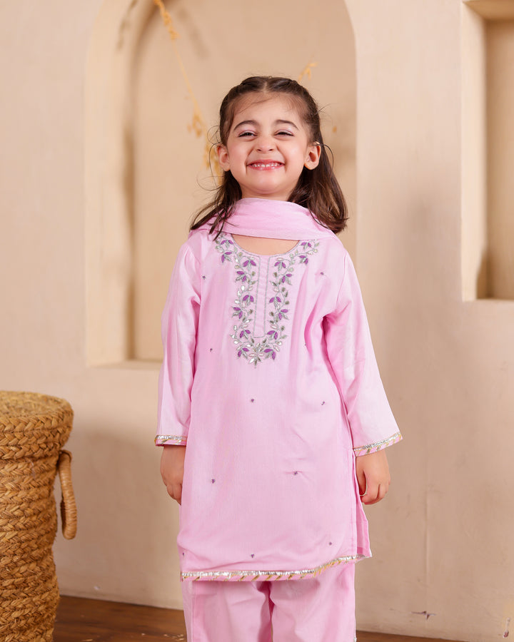 Little Blossoms Pink Kurti with Pant Set (Set of 3)